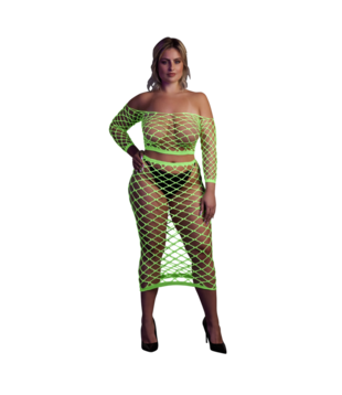 Langermige Crop Top en Lange Rok - Plus Size - Neon Groen