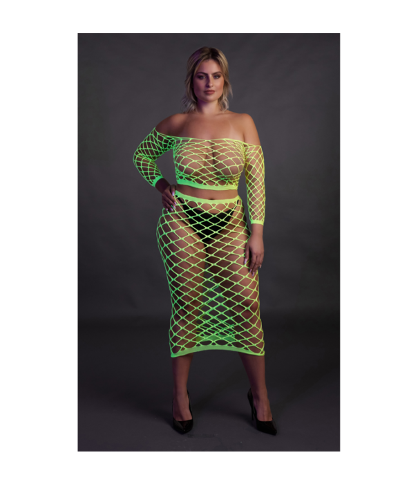 Ouch! by Shots Langermige Crop Top en Lange Rok - Plus Size - Neon Groen