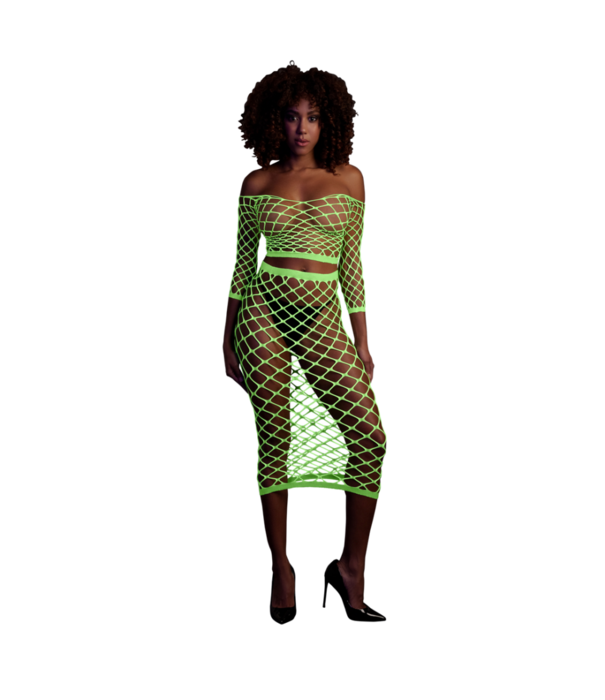 Ouch! by Shots Langsleeve Crop Top en Lange Rok - One Size - Neon Groen