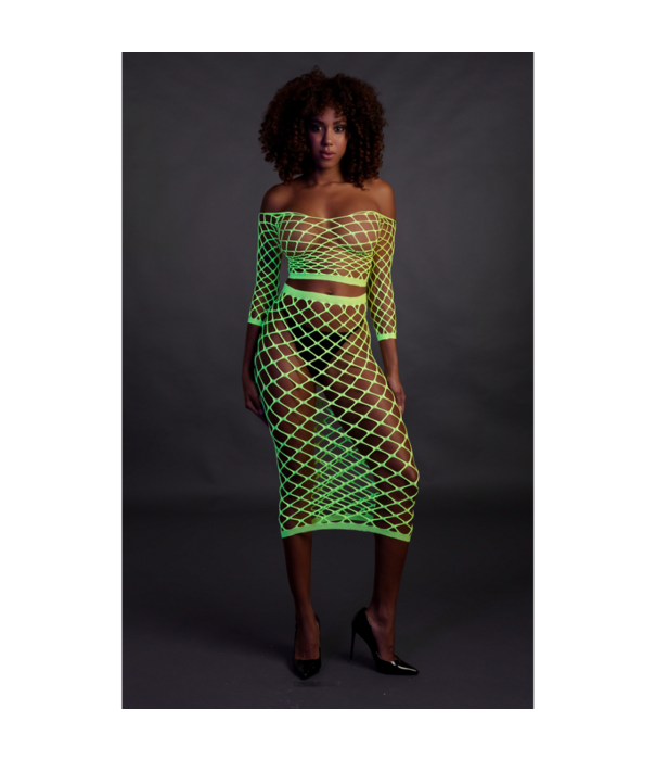 Ouch! by Shots Langsleeve Crop Top en Lange Rok - One Size - Neon Groen