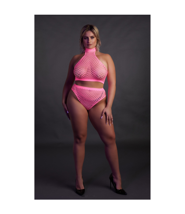 Ouch! by Shots Turtleneck en Hoge Taille Slip - Plus Size - Neon Roze