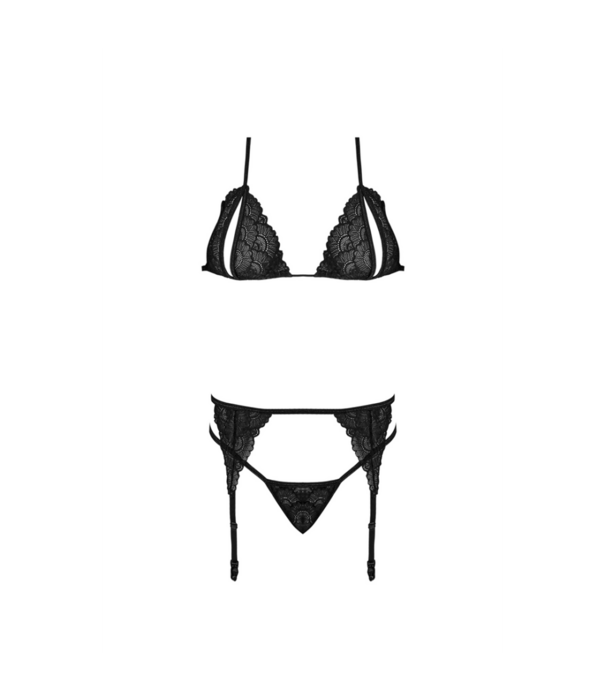 Magic Silk Peek-a-Boo Bh, Garter en G-String Set - L/XL - Zwart