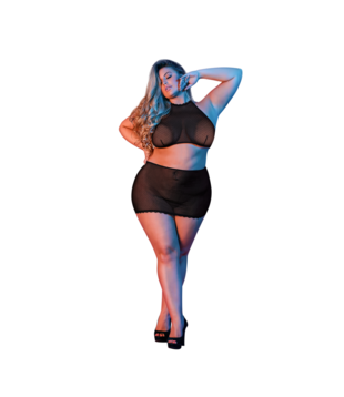 Polka Dot Mesh Halter en Rok Set - 2X - Zwart