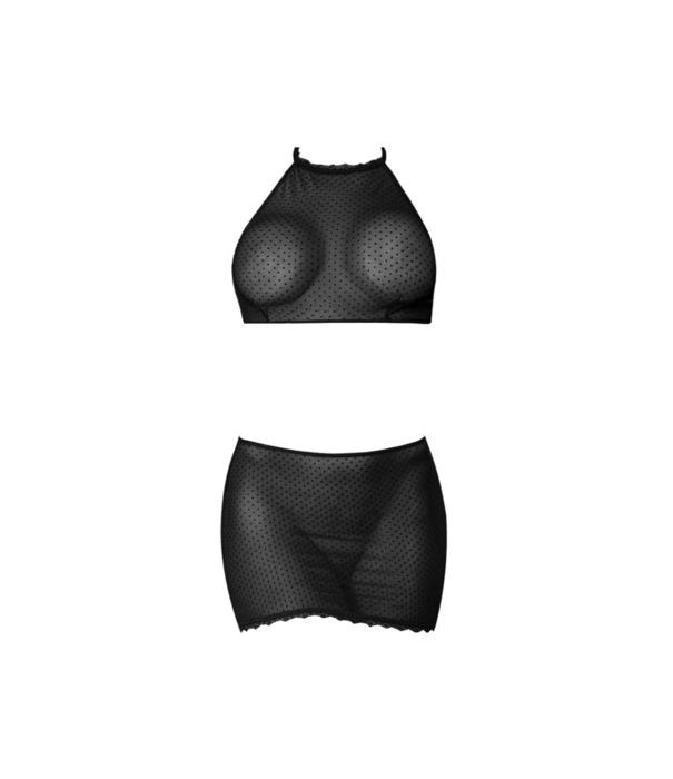 Magic Silk Polka Dot Mesh Halter en Rok Set - 2X - Zwart