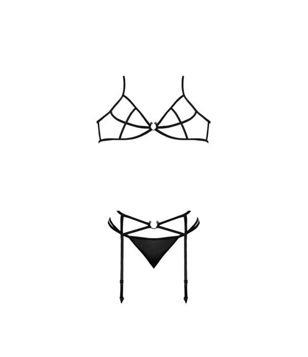 Magic Silk Beha, Garter en G-String Set met Ringen en Bandjes - S/M - Zwart