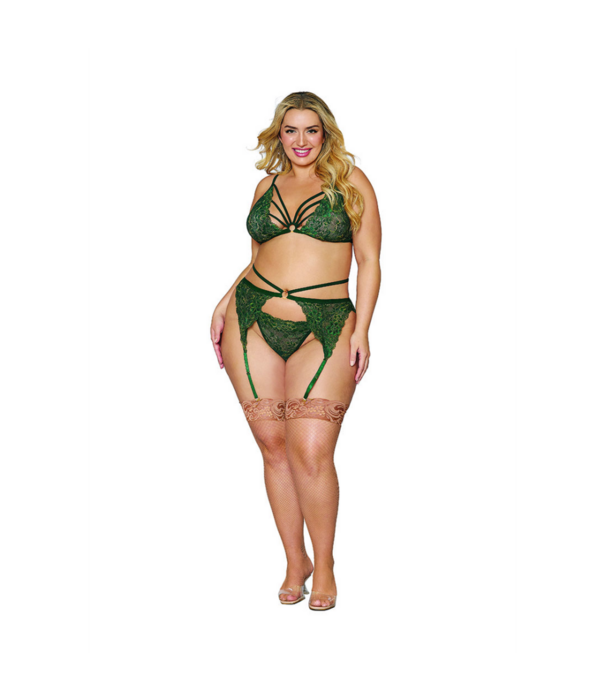 Dreamgirl Dames Metallic Corded Lace 3-delige Set - Plus Size