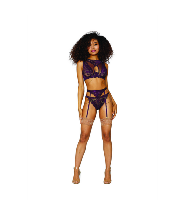 Dreamgirl Dames Kanten en Gaas 3 Delige Set - XL - Aubergine