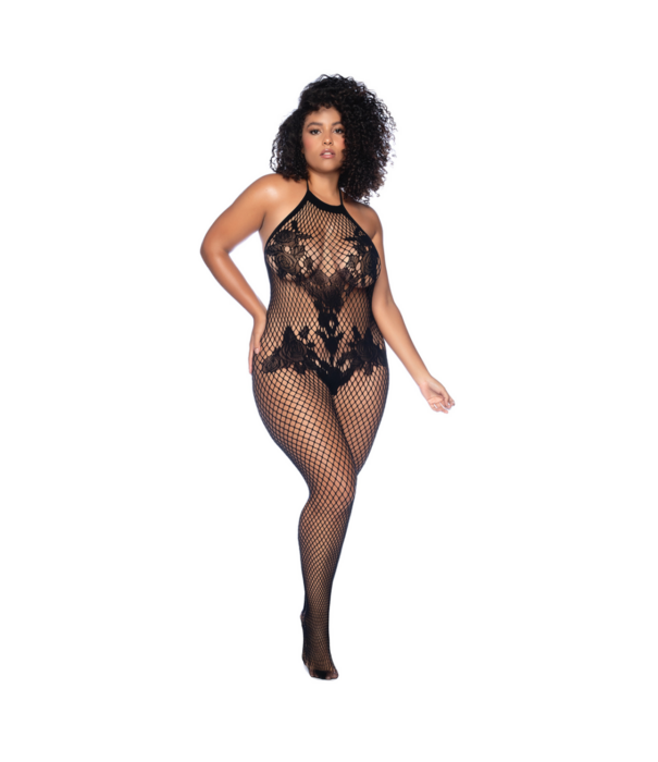 Mapalé Halter en Kralenloze Bloemen Bodystocking - Koninginneformaat - Zwart