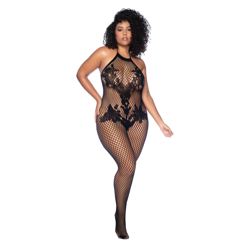 Mapalé Halter en Kralenloze Bloemen Bodystocking - Koninginneformaat - Zwart afbeelding