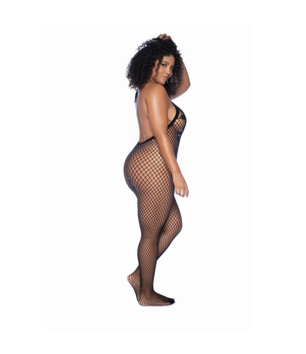 Mapalé Halter en Kralenloze Bloemen Bodystocking - Koninginneformaat - Zwart