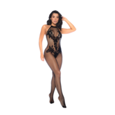 Halter en Kruidloze Bloemen Bodystocking - Één Maat - Zwart