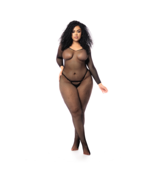 Langarmige Visnet Bodystocking - Koning Maat - Zwart
