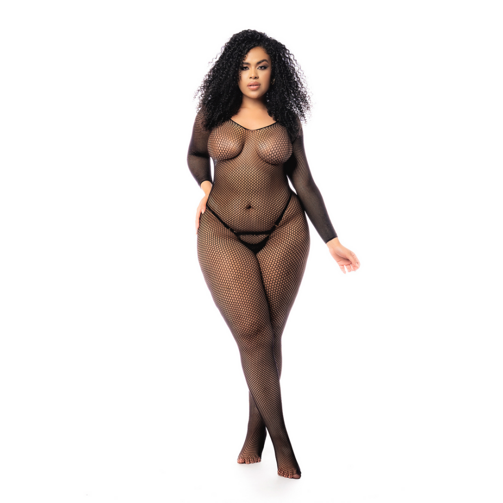 Mapalé Langarmige Visnet Bodystocking - Koning Maat - Zwart afbeelding