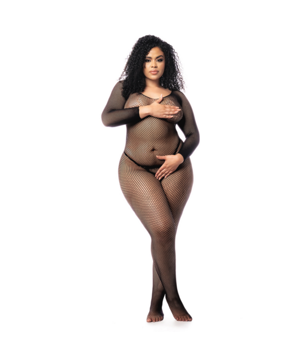 Mapalé Langarmige Visnet Bodystocking - Koning Maat - Zwart