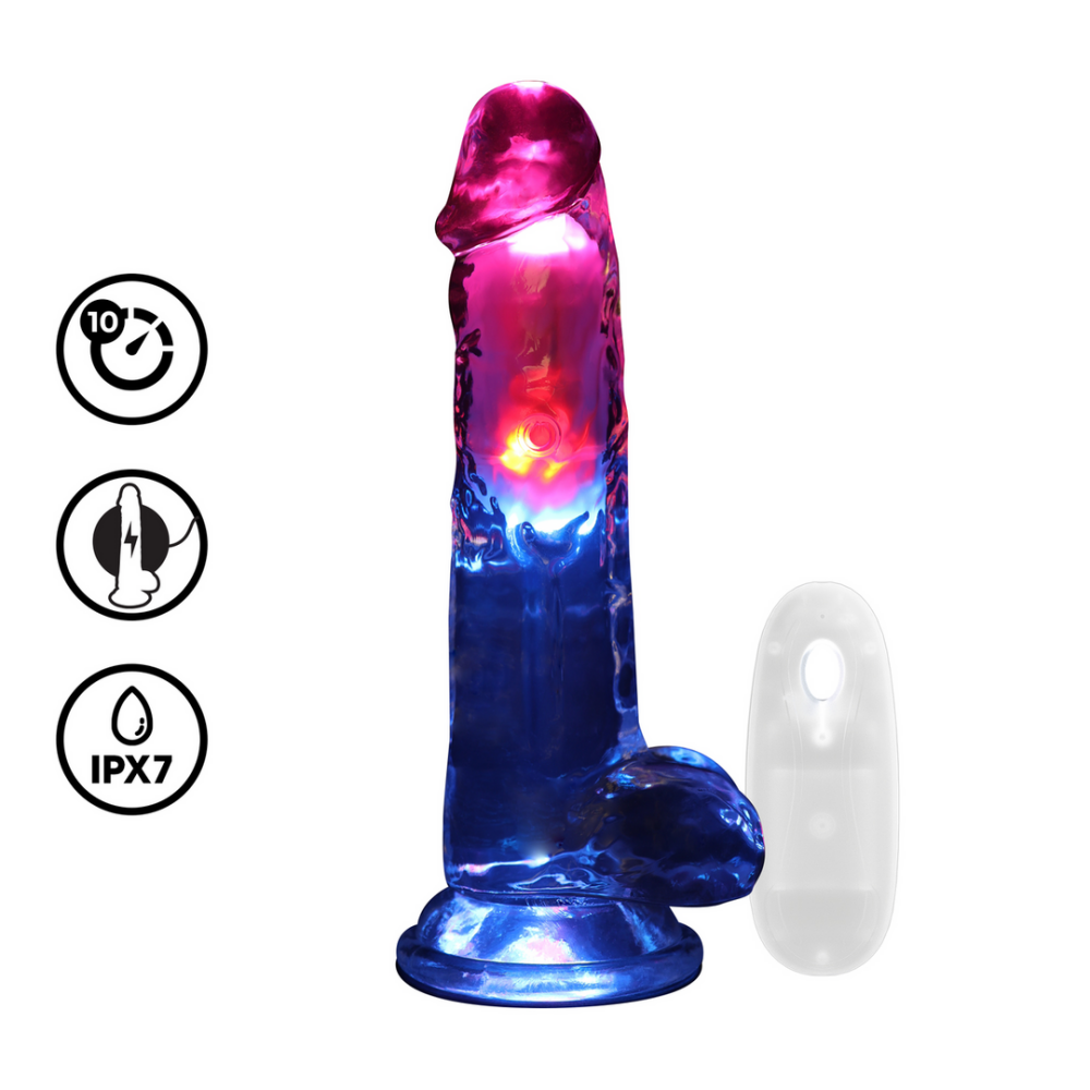 RealRock by Shots LED Vibrating Straight Cock with Balls - 8 / 20 cm - Transparent afbeelding
