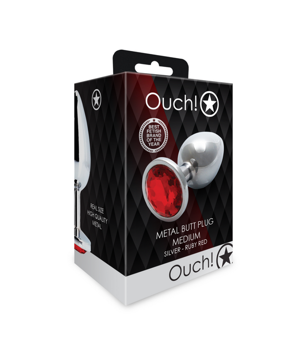 Ouch! by Shots Ronde Edelsteen Butt Plug - Medium - Zilver/Ruby Rood