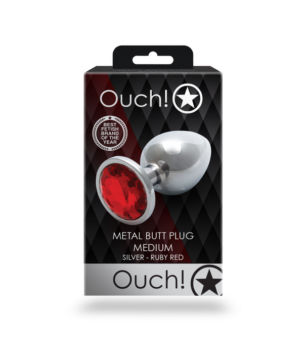 Ouch! by Shots Ronde Edelsteen Butt Plug - Medium - Zilver/Ruby Rood