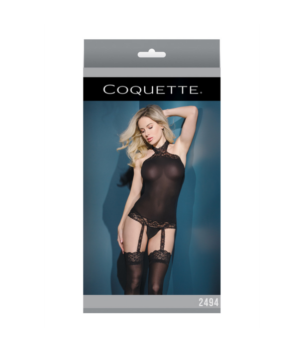 Coquette Sheer Halter Top with Attached Stockings - One Size