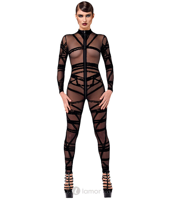 * NOIR handmade Noir Handmade F357 Bondesque Catsuit van zachte tule met Shibari-vlok, lange mouw en driewegritssluiting