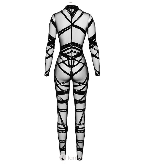 * NOIR handmade Noir Handmade F357 Bondesque Catsuit van zachte tule met Shibari-vlok, lange mouw en driewegritssluiting