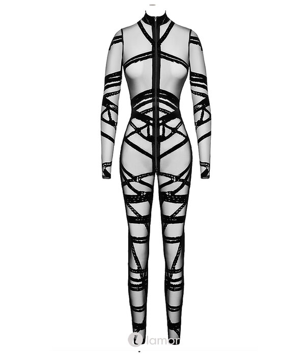 * NOIR handmade Noir Handmade F357 Bondesque Catsuit van zachte tule met Shibari-vlok, lange mouw en driewegritssluiting