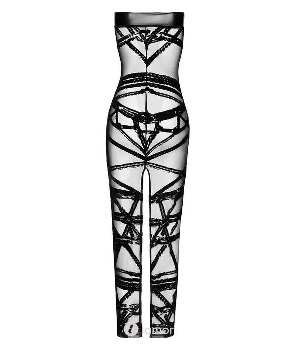 * NOIR handmade F358 Bondesque Opera Off-Shoulder Lange Jurk van Noir Handmade – Transparante avondjurk met bondagepatroon, hoge split en elegante pasvorm