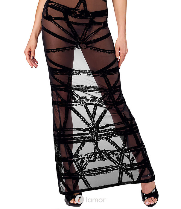 * NOIR handmade F358 Bondesque Opera Off-Shoulder Lange Jurk van Noir Handmade – Transparante avondjurk met bondagepatroon, hoge split en elegante pasvorm