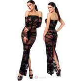 F358 Bondesque Opera Off-Shoulder Lange Jurk van Noir Handmade – Transparante avondjurk met bondagepatroon, hoge split en elegante pasvorm