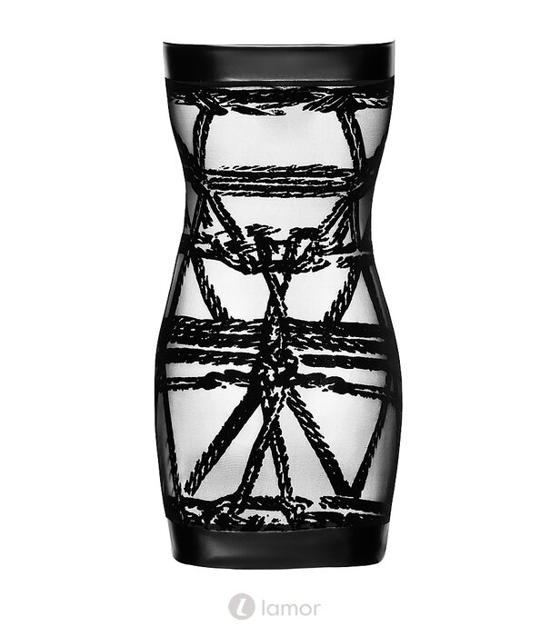 * NOIR handmade F359 Bondesque Off-Shoulder Mini Dress van Noir Handmade – Transparant flocked tulle jurkje met bondagepatroon en powerwetlook details