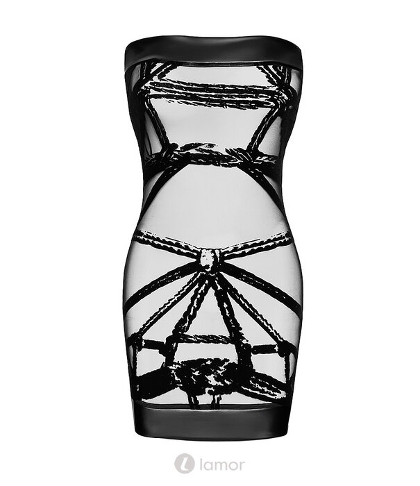 * NOIR handmade F359 Bondesque Off-Shoulder Mini Dress van Noir Handmade – Transparant flocked tulle jurkje met bondagepatroon en powerwetlook details