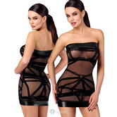 F359 Bondesque Off-Shoulder Mini Dress van Noir Handmade – Transparant flocked tulle jurkje met bondagepatroon en powerwetlook details