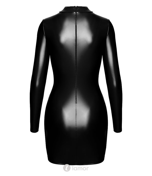 * NOIR handmade F366 Vixen Cut-Out Bodycon Jurk van Noir Handmade – Powerwetlook mini jurk met keyhole halslijn, lange mouwen en kraag