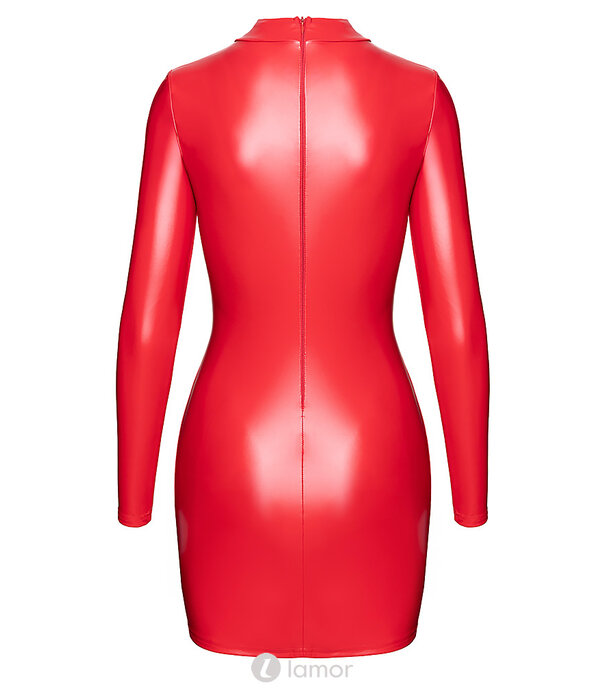 * NOIR handmade F367 Bombshell Cut-Out Bodycon Jurk van Noir Handmade – Powerwetlook mini jurk met keyhole halslijn, lange mouwen en kraag