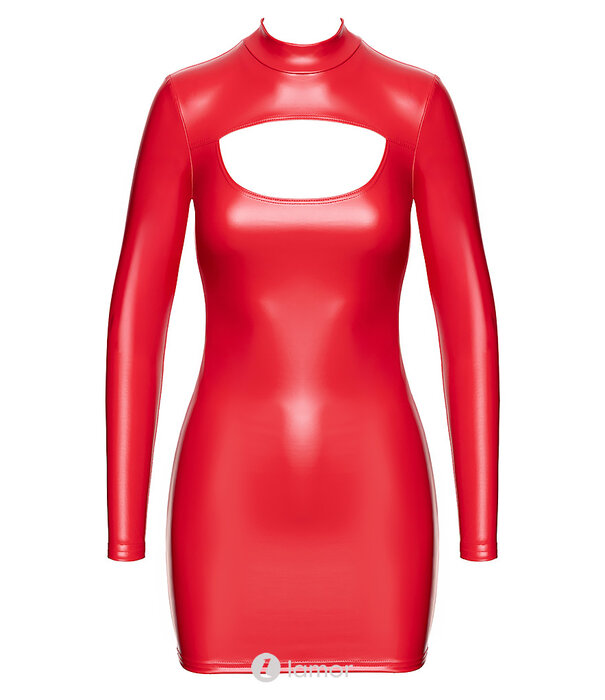 * NOIR handmade F367 Bombshell Cut-Out Bodycon Jurk van Noir Handmade – Powerwetlook mini jurk met keyhole halslijn, lange mouwen en kraag