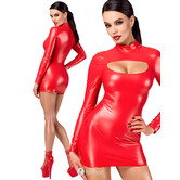 F367 Bombshell Cut-Out Bodycon Jurk van Noir Handmade – Powerwetlook mini jurk met keyhole halslijn, lange mouwen en kraag
