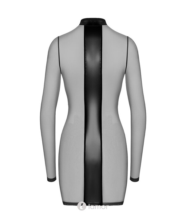 * NOIR handmade F369 Crossfire Mesh & Wetlook Mini Jurk van Noir Handmade – Transparante hals-houder jurk met crisscross powerwetlook panelen