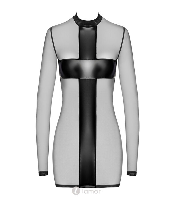 * NOIR handmade F369 Crossfire Mesh & Wetlook Mini Jurk van Noir Handmade – Transparante hals-houder jurk met crisscross powerwetlook panelen