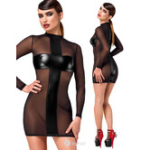 F369 Crossfire Mesh & Wetlook Mini Jurk van Noir Handmade – Transparante hals-houder jurk met crisscross powerwetlook panelen