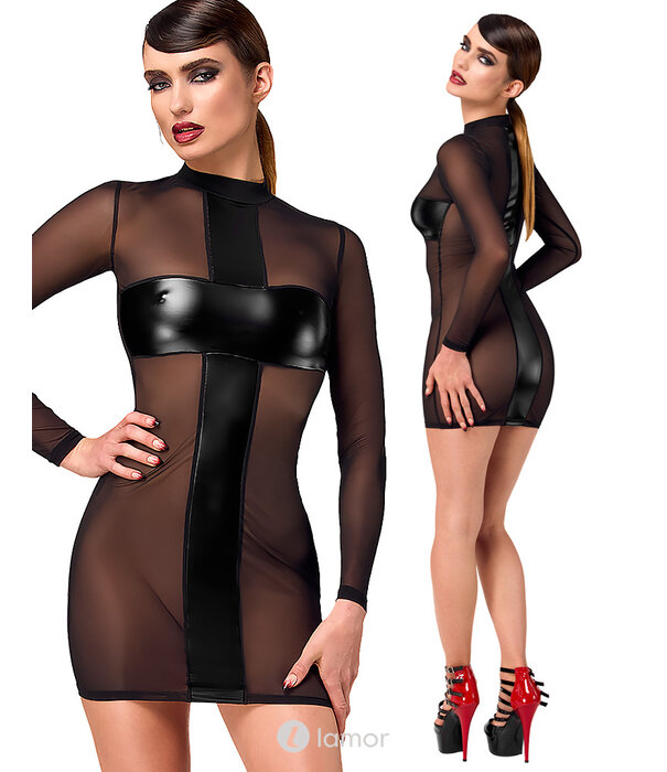 * NOIR handmade F369 Crossfire Mesh & Wetlook Mini Jurk van Noir Handmade – Transparante hals-houder jurk met crisscross powerwetlook panelen