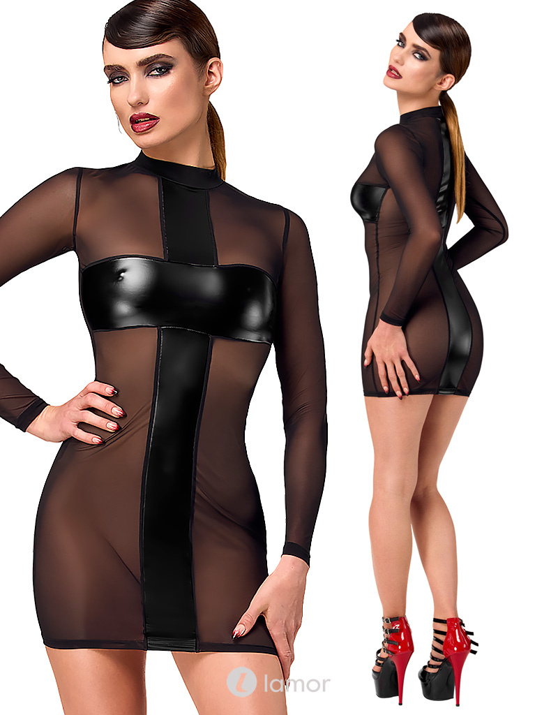 * NOIR handmade Crossfire Mesh & Wetlook Mini Jurk,F369 afbeelding