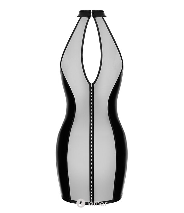 * NOIR handmade F370 Luxuria Crystal Sheer Mini Jurk van Noir Handmade – Powerwetlook jurk met transparante mesh en strass details