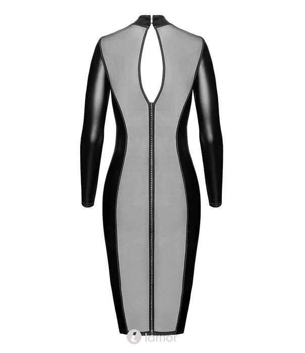 * NOIR handmade F371 Luxuria Crystal Back Sheer Midi Jurk van Noir Handmade – Powerwetlook jurk met transparante rug en strass details