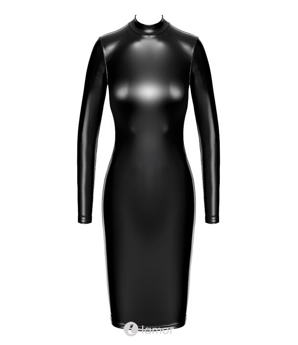 * NOIR handmade F371 Luxuria Crystal Back Sheer Midi Jurk van Noir Handmade – Powerwetlook jurk met transparante rug en strass details