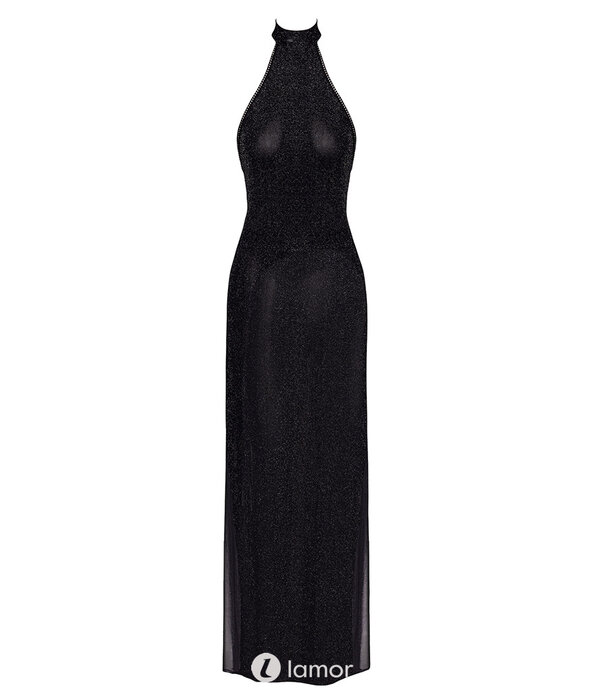 * NOIR handmade F372 Onyx Twin-Slit Lange Jurk van Noir Handmade – Transparante avondjurk met zilverdraad, open rug en hoge zijsplitten