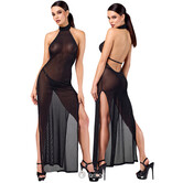 F372 Onyx Twin-Slit Lange Jurk van Noir Handmade – Transparante avondjurk met zilverdraad, open rug en hoge zijsplitten