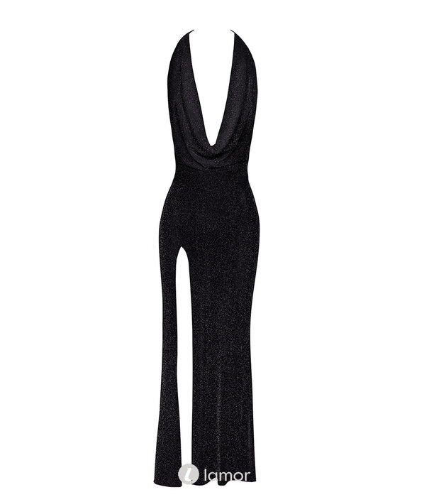 * NOIR handmade F373 Onyx Liquid Lange Jurk van Noir Handmade – Transparante avondjurk van tule met zilverdraad, diepe halslijn en open rug