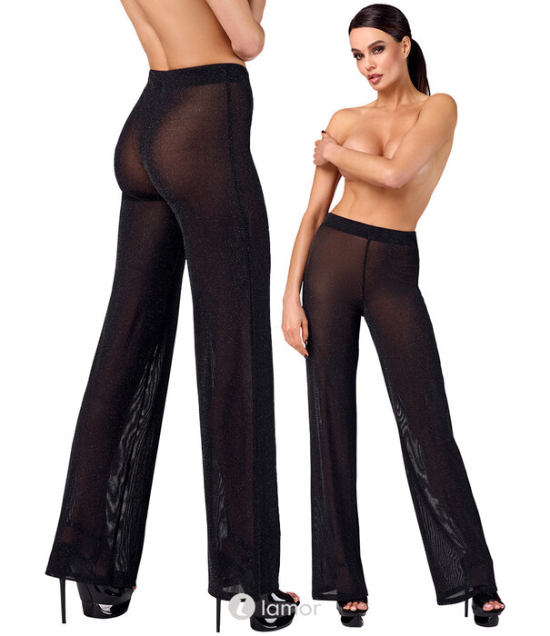 * NOIR handmade F374 Onyx Sheer Palazzo van Noir Handmade – Elegante transparante tule palazzo broek met zilverdraad en comfortabele tailleband