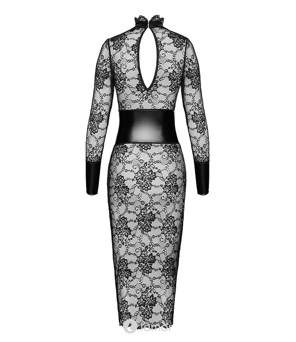 * NOIR handmade F375 Noirelle Lace Corset Midi Jurk van Noir Handmade – Elegante kanten midi jurk met powerwetlook corset en hoge kraag