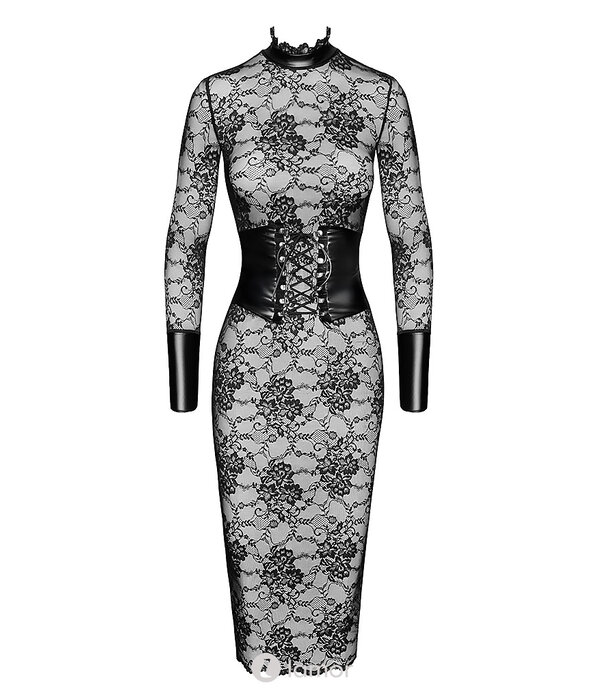 * NOIR handmade F375 Noirelle Lace Corset Midi Jurk van Noir Handmade – Elegante kanten midi jurk met powerwetlook corset en hoge kraag