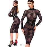 F375 Noirelle Lace Corset Midi Jurk van Noir Handmade – Elegante kanten midi jurk met powerwetlook corset en hoge kraag